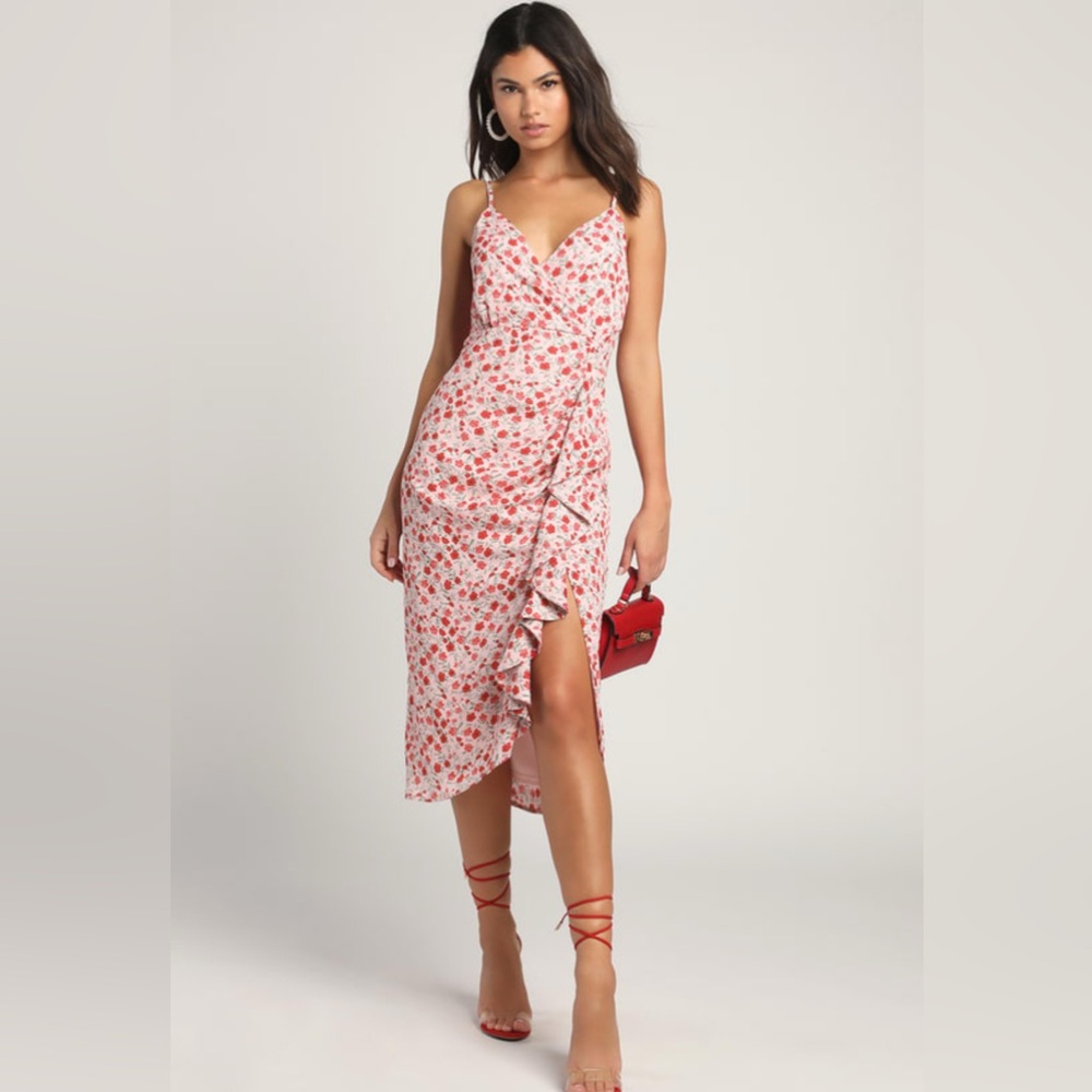 NWT Lulus Reason for Romance Pink Floral Print Ruffled Midi Dress Size XL